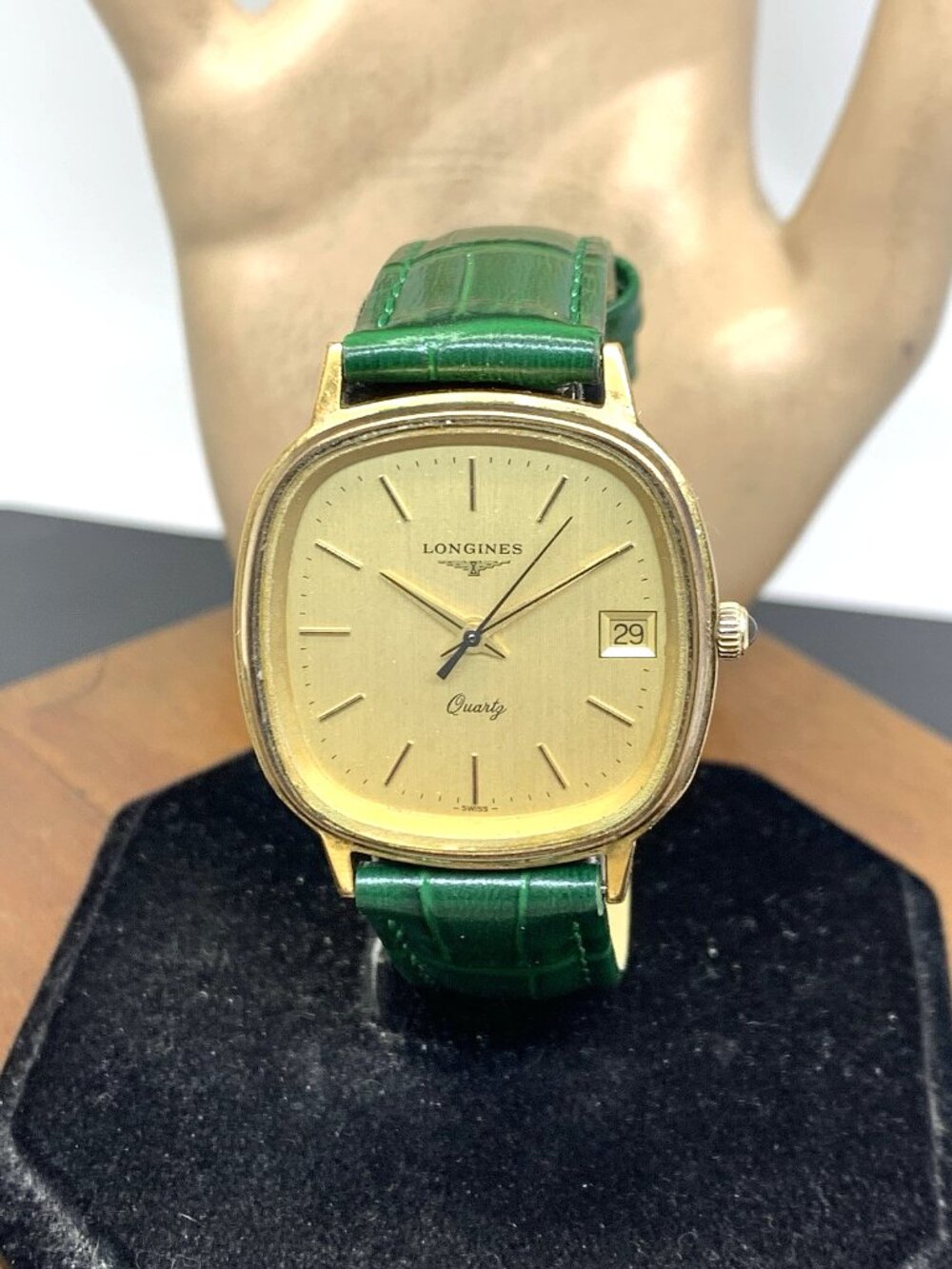 Longines Men's Watch Vintage Swiss Quartz Gold Dial Green Leather Strap 33mm